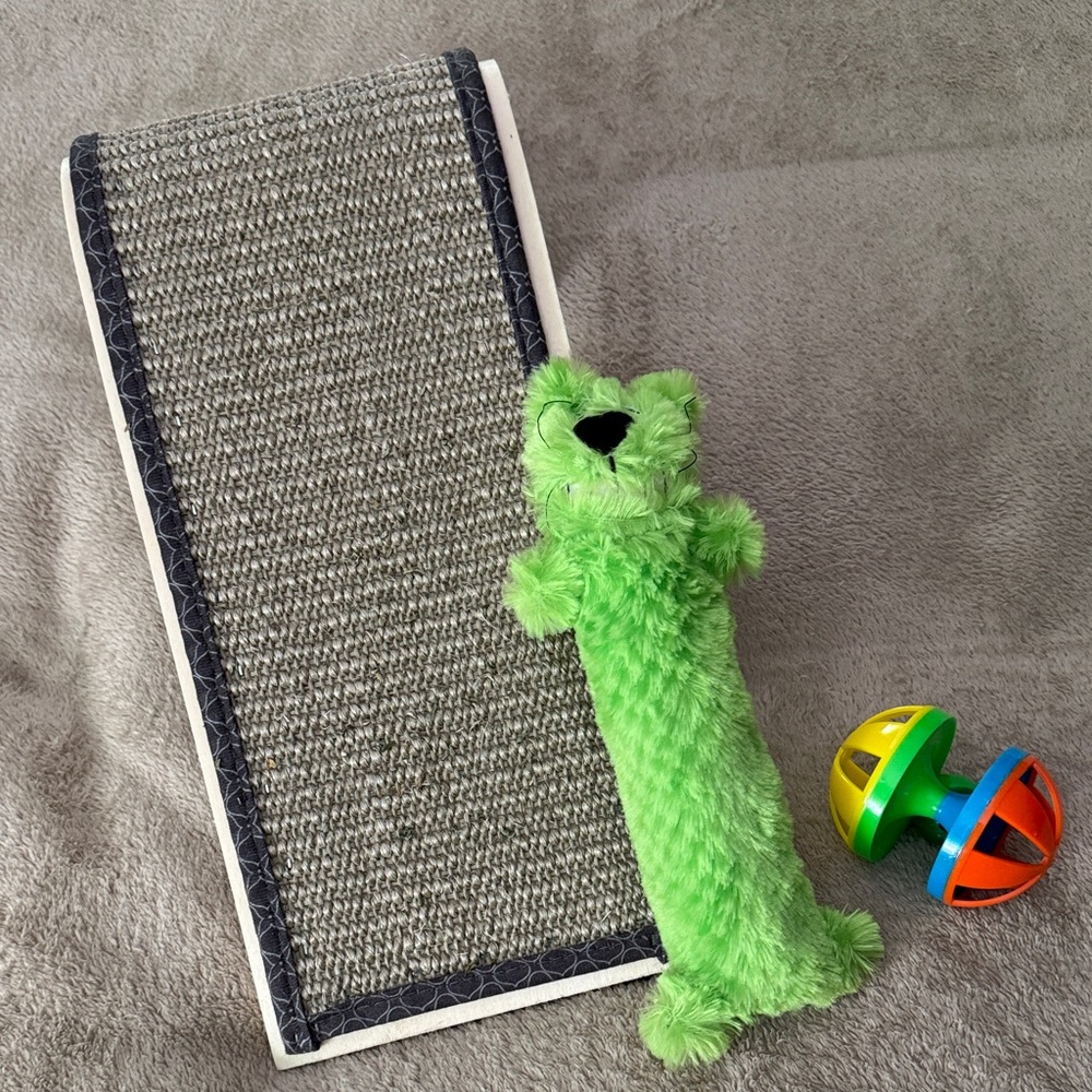 Set of 3 Cat Toys - Cat Scratching Pad with Green Toy and Colorful Ball